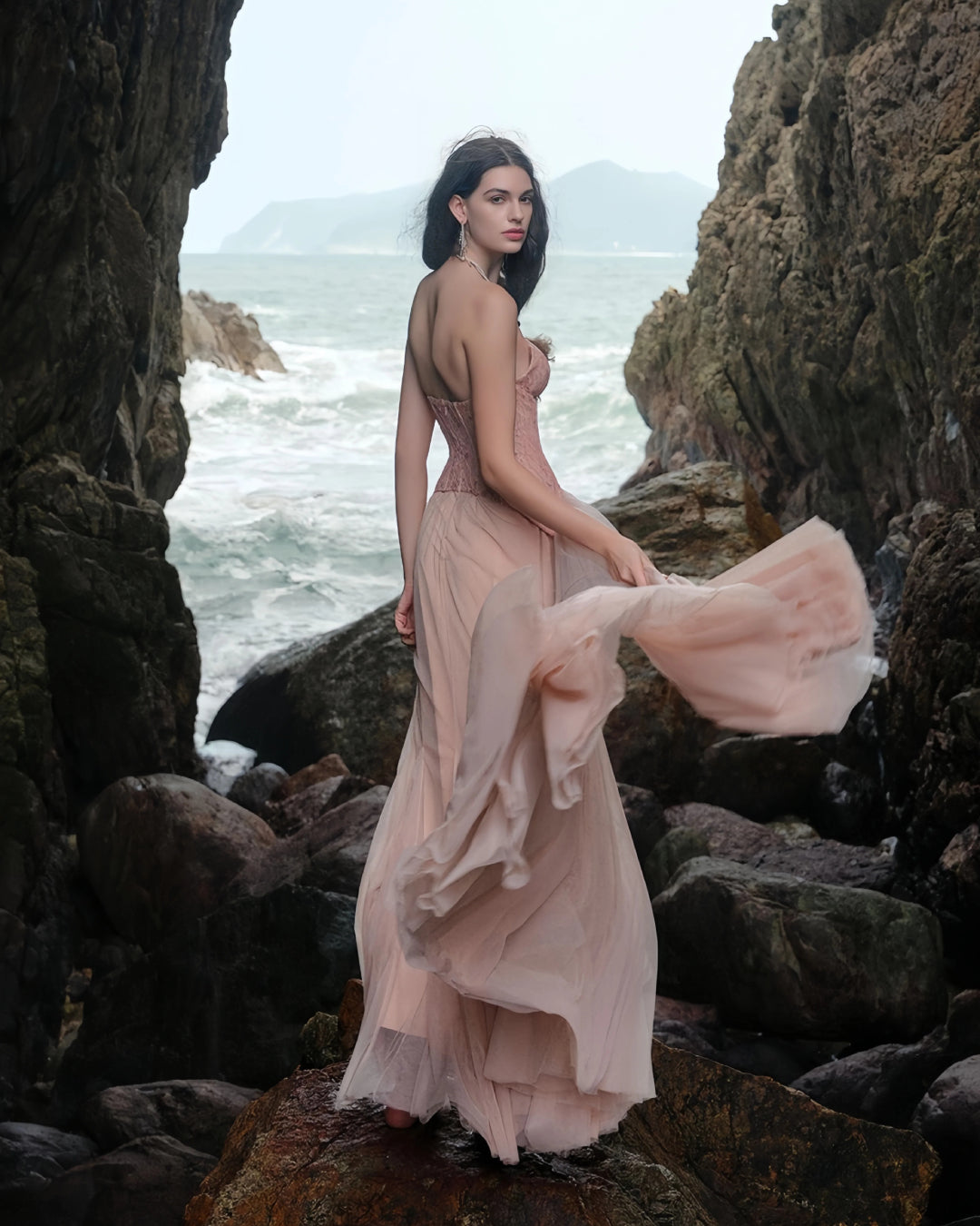 Oakley Lace Corset Tulle Maxi Dress in Blush, winter wedding guest dress, dress for wedding guest