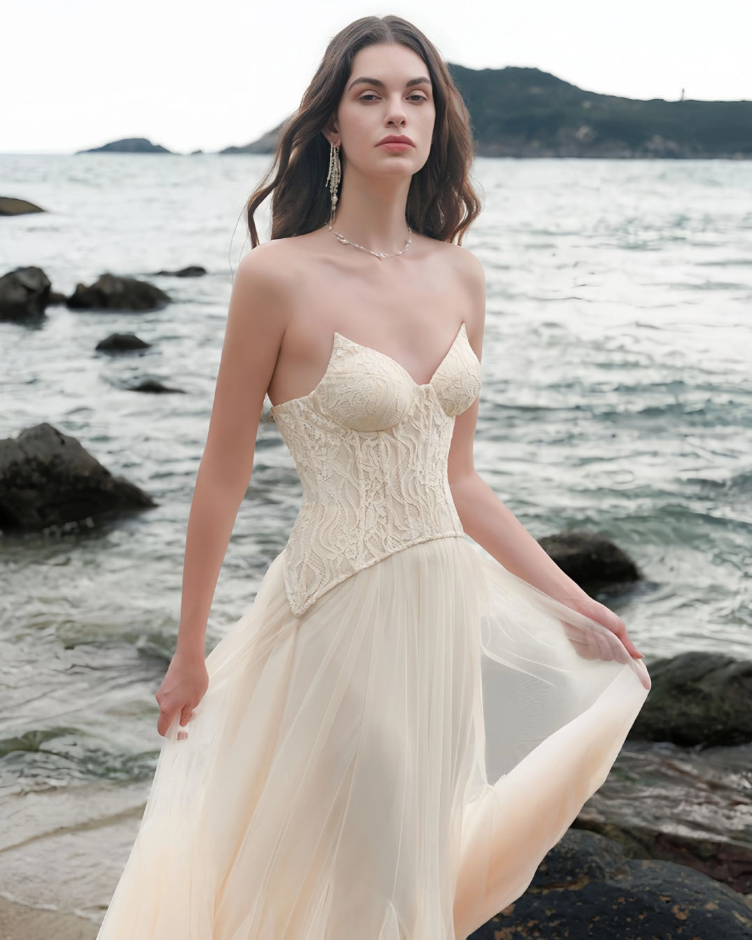 Oakley Lace Corset Tulle Maxi Dress in Ivory, corset wedding dress​, corset for prom dress