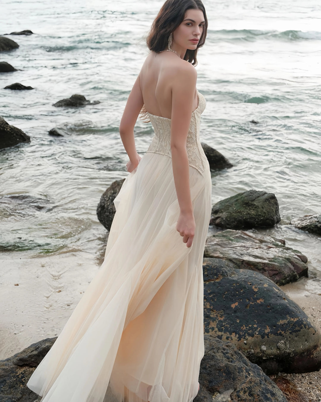 Oakley Lace Corset Tulle Maxi Dress in Ivory, corset wedding dress​, corset for prom dress