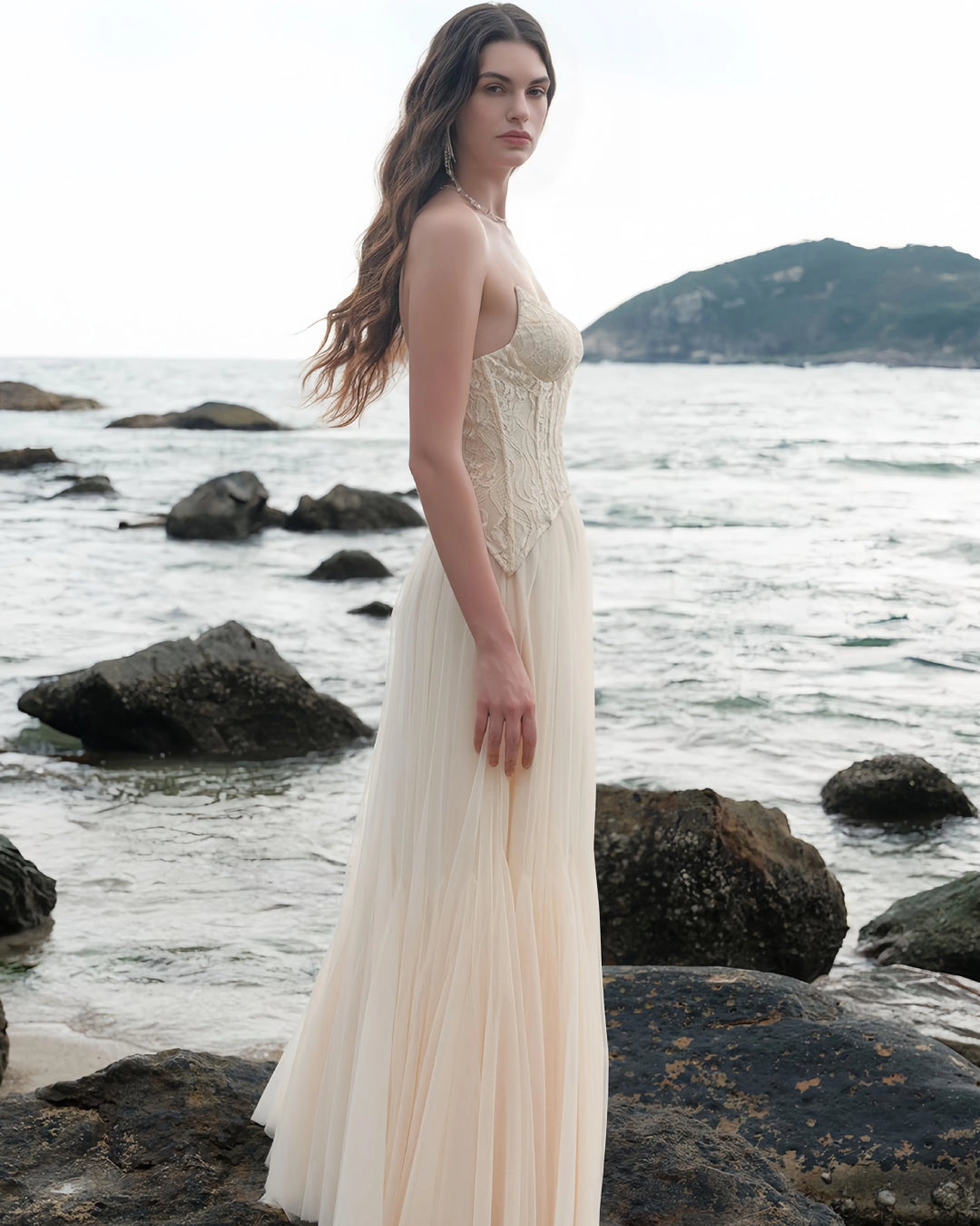 Oakley Lace Corset Tulle Maxi Dress in Ivory, corset wedding dress​, corset for prom dress