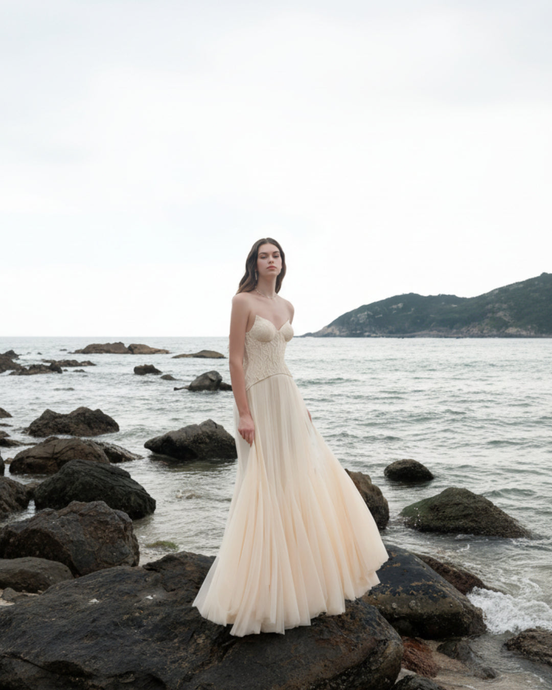 Oakley Lace Corset Tulle Maxi Dress in Ivory, corset wedding dress​, white corset dress​