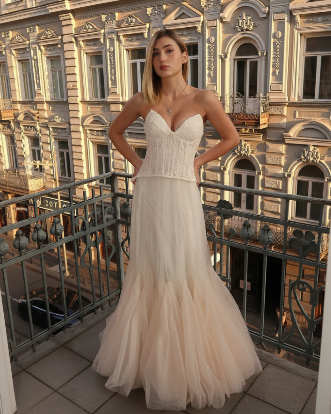 Oakley Lace Corset Tulle Maxi Dress in Ivory, white corset dress​, corset for prom dress​
