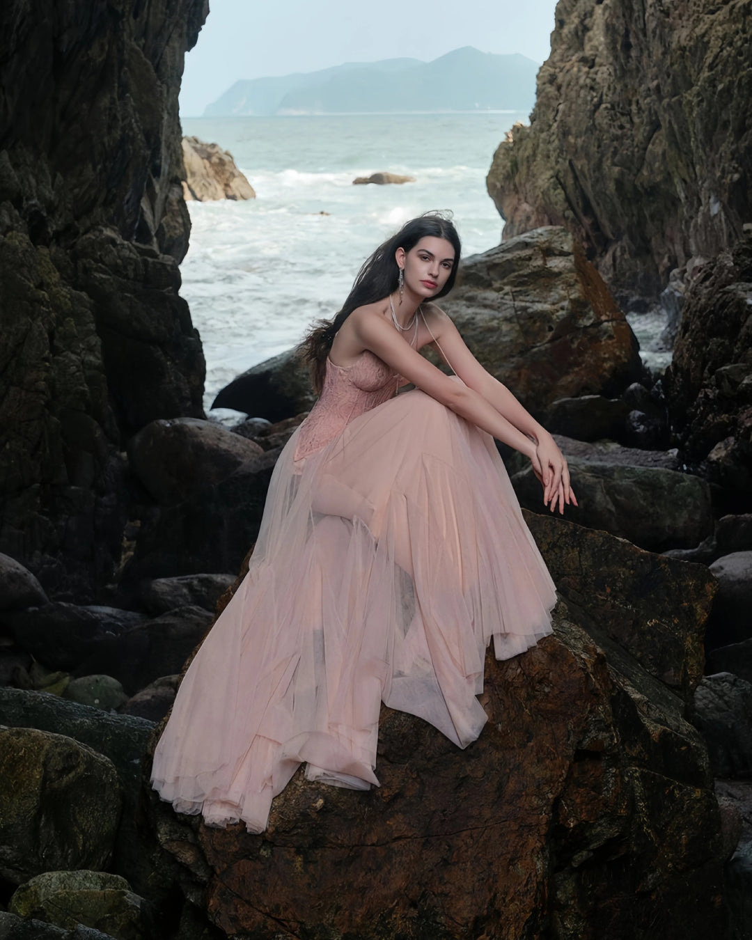 Oakley Lace Corset Tulle Maxi Dress in Blush, lacemade dress