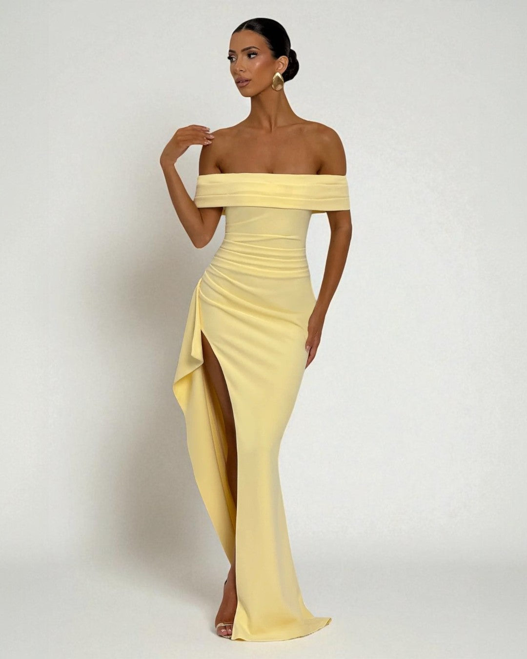 Light Yellow Off-Shoulder Bodycon Maxi Dress, maxi dresses, yellow maxi dress, maxi yellow dress, pastel maxi dress, yellow bodycon dress, prom dress, party dress