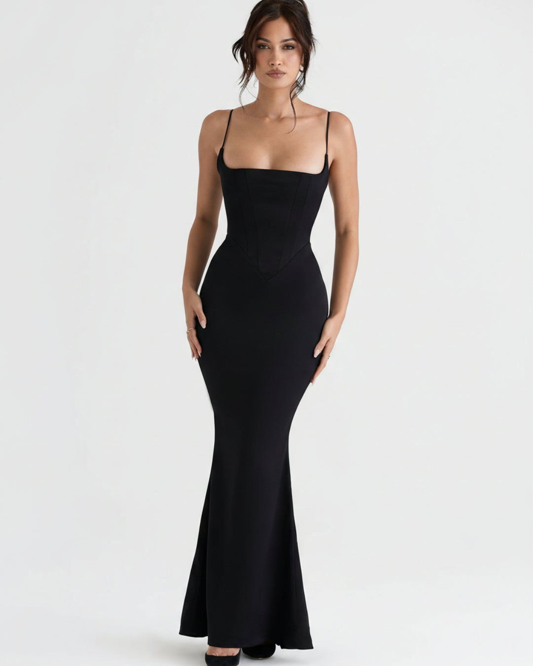 Olivette Satin Maxi Gown in Black, corset summer dress​, house of cb corset dress