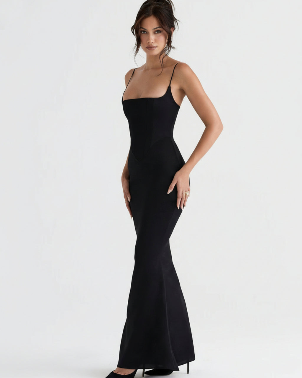 Olivette Satin Maxi Gown in Black, black corset dress​, corset back dress, dress with a corset top