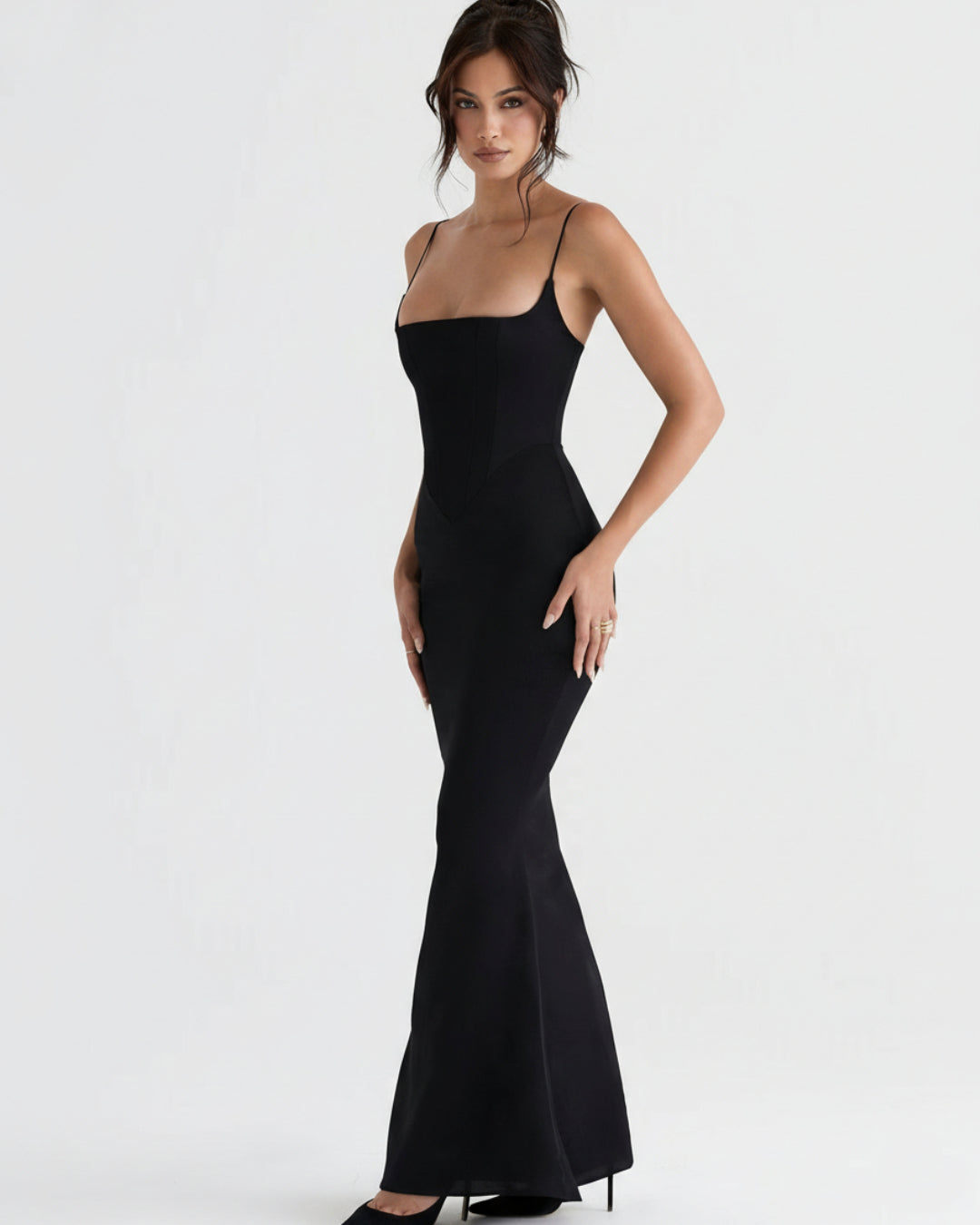 Olivette Satin Maxi Gown in Black, black corset dress​, corset back dress, dress with a corset top