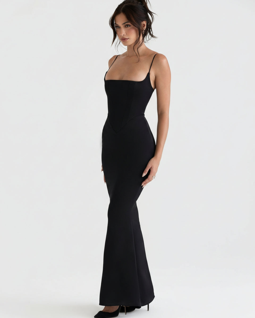 Olivette Satin Maxi Gown in Black, black corset dress​, corset back dress, dress with a corset top