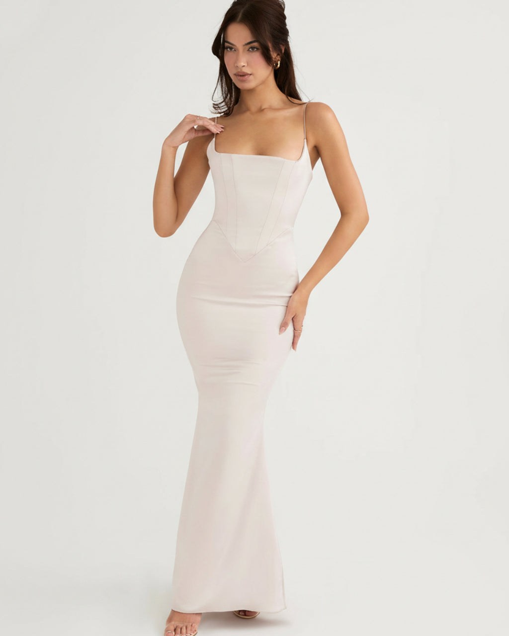 Olivette Satin Maxi Dress in Ivory Blush, corset bridal dress​, corset formal dress