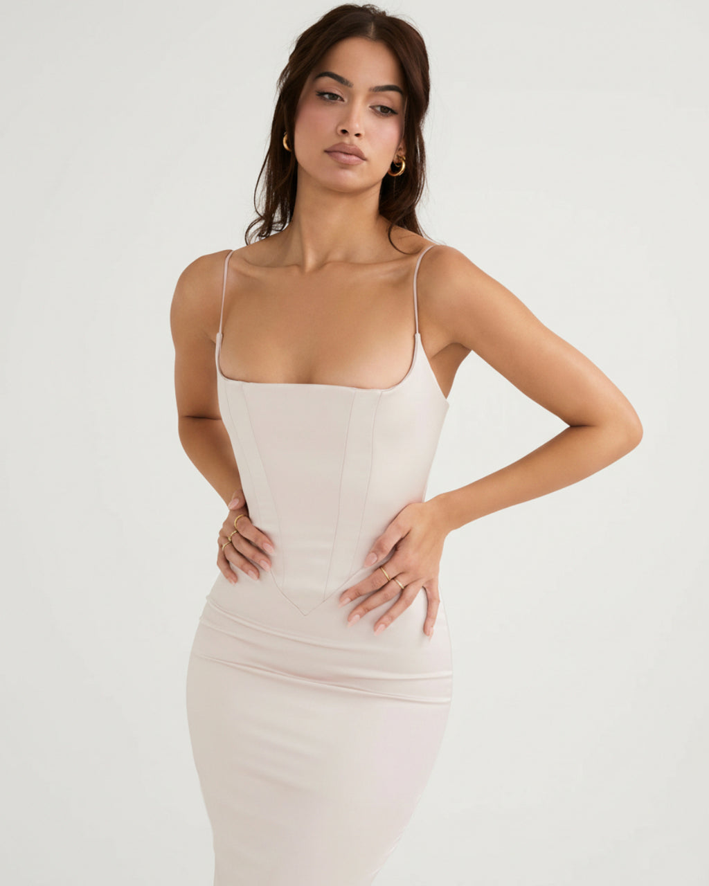 Olivette Satin Maxi Dress in Ivory Blush, corset top dress​, corset white dress​