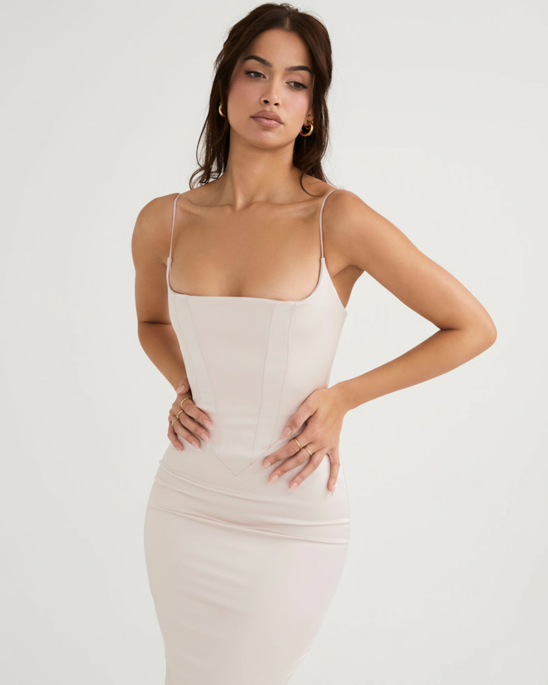 Olivette Satin Maxi Dress in Ivory Blush, corset top dress​, corset white dress​