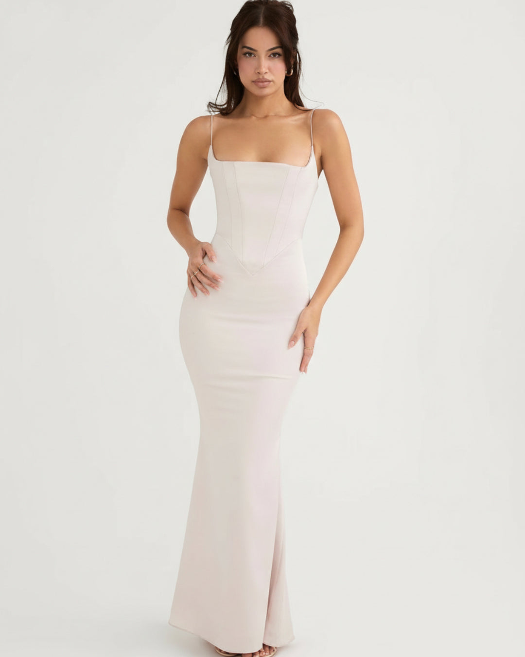 Olivette Satin Maxi Dress in Ivory Blush, corset top dress​, corset white dress​