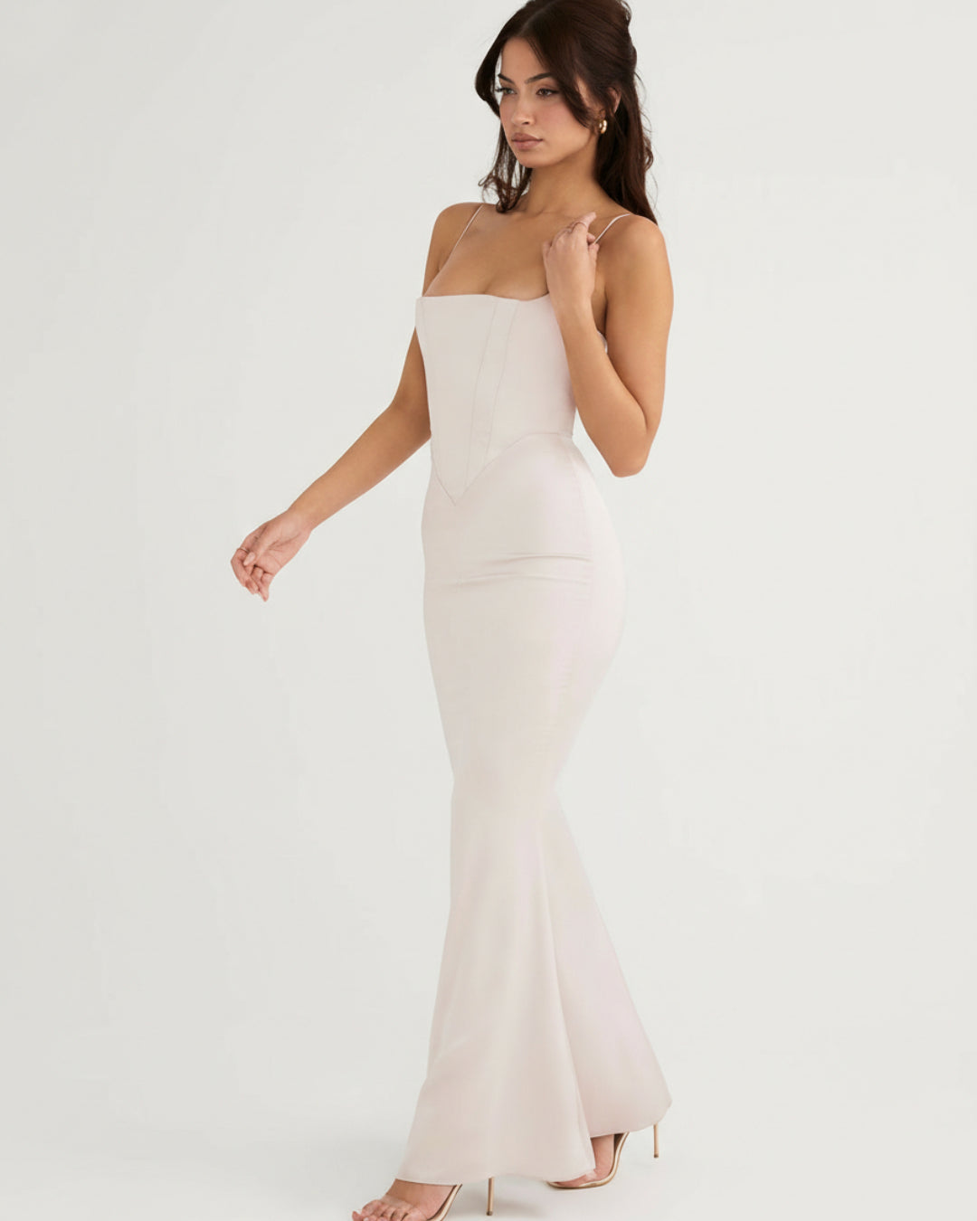 Olivette Satin Maxi Dress in Ivory Blush, corset bridal dress​, corset formal dress