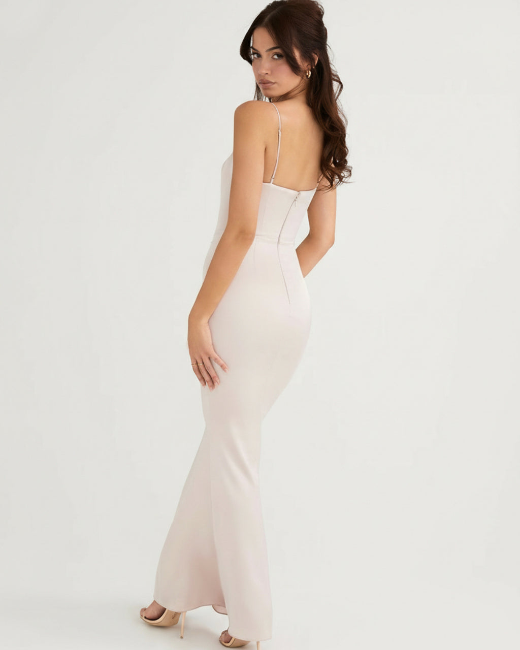Olivette Satin Maxi Dress in Ivory Blush, corset top dress​, corset white dress​