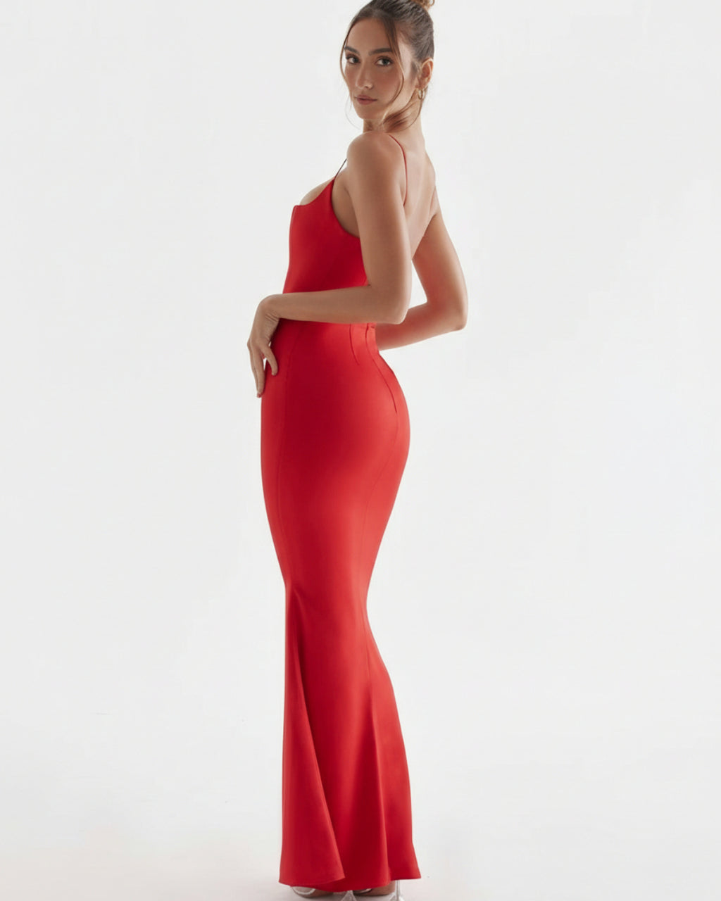Olivette Satin Maxi Dress in Red, corset prom dress​, corset for prom dress​, red corset dress