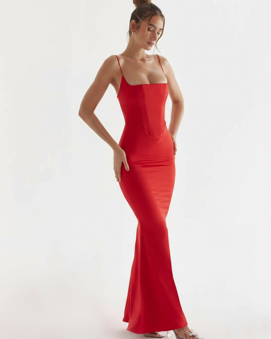 Olivette Satin Maxi Dress in Red, zara corset dress​, corset dress long​