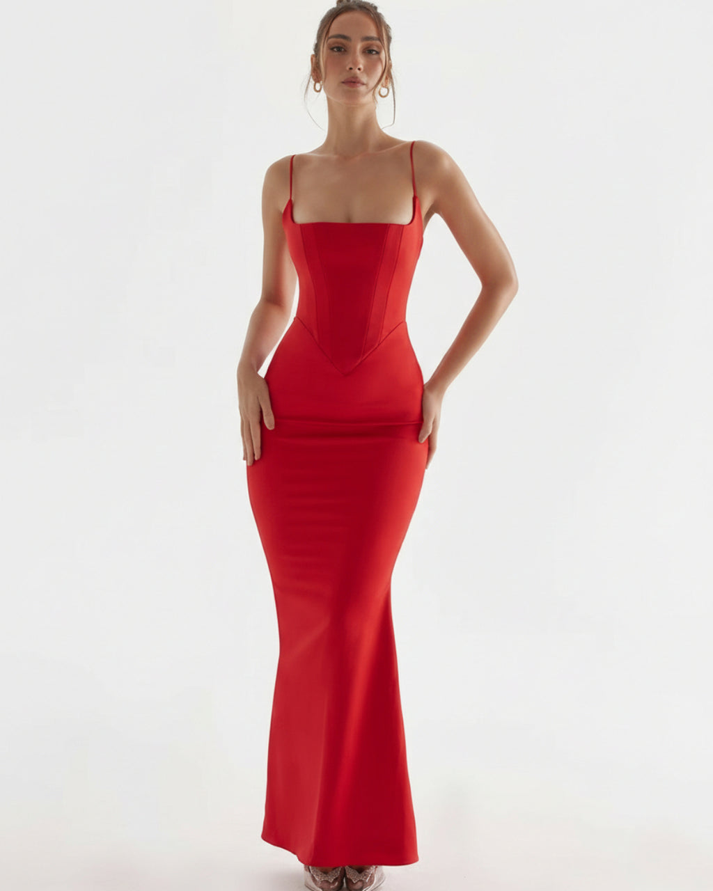 Olivette Satin Maxi Dress in Red, corset prom dress​, corset wedding dress​