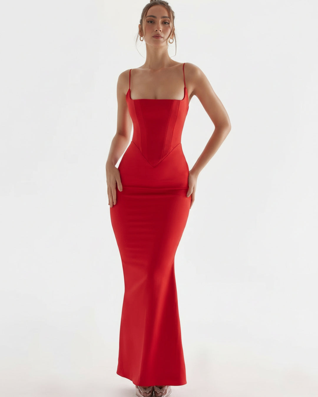 Olivette Satin Maxi Dress in Red, corset prom dress​, corset wedding dress​