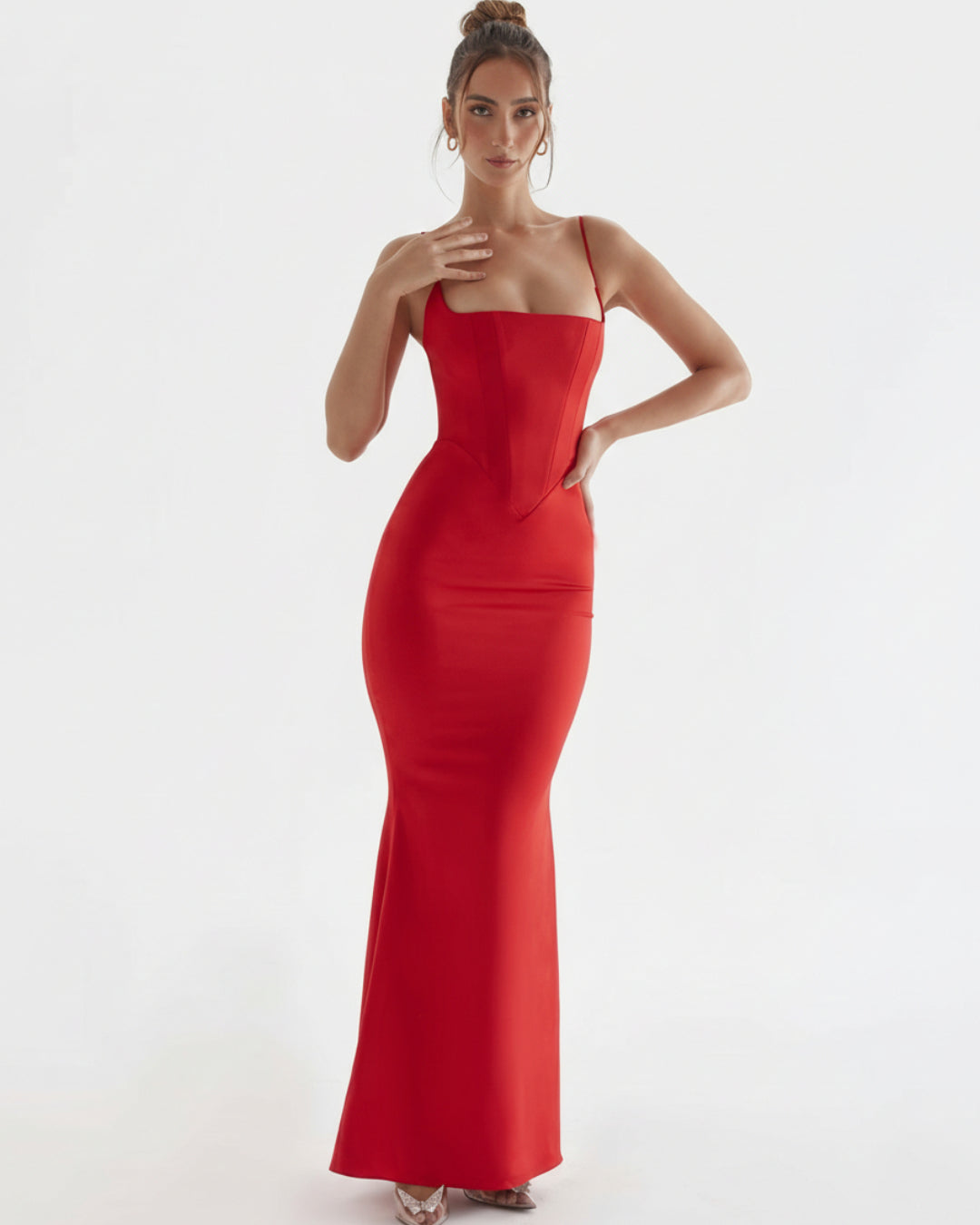 Olivette Satin Maxi Dress in Red, corset prom dress​, corset wedding dress​