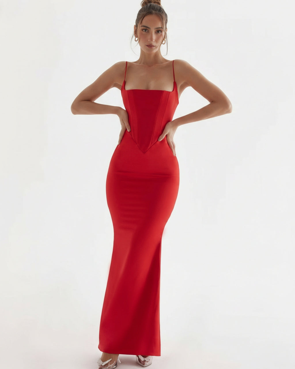 Olivette Satin Maxi Dress in Red, zara corset dress​, corset dress long​