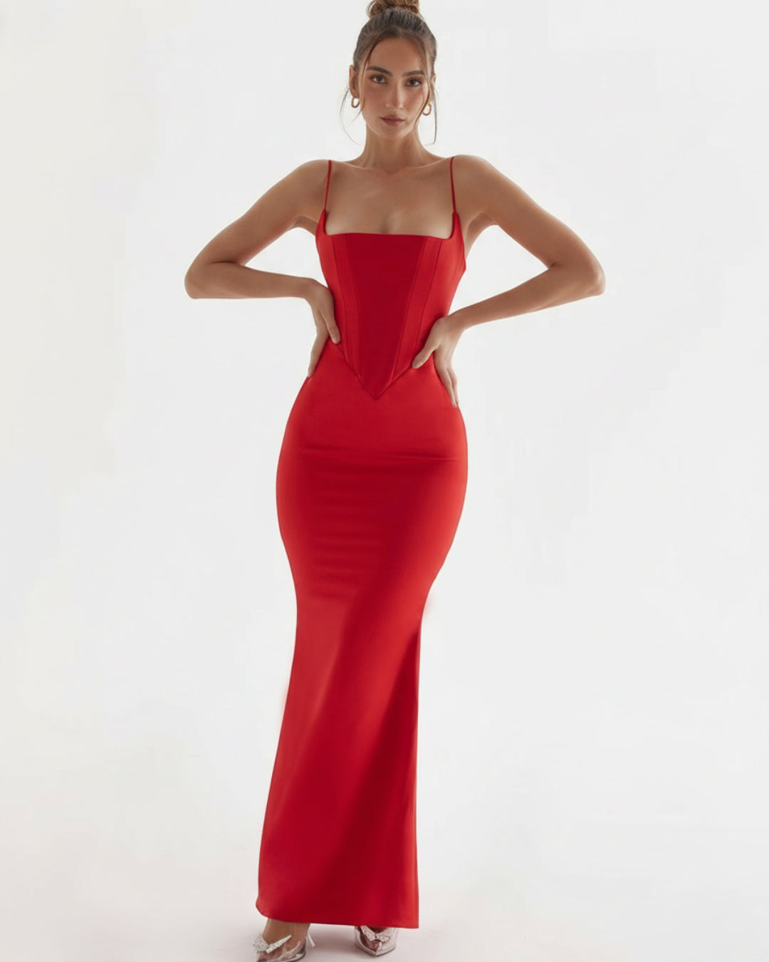 Olivette Satin Maxi Dress in Red, zara corset dress​, corset dress long​