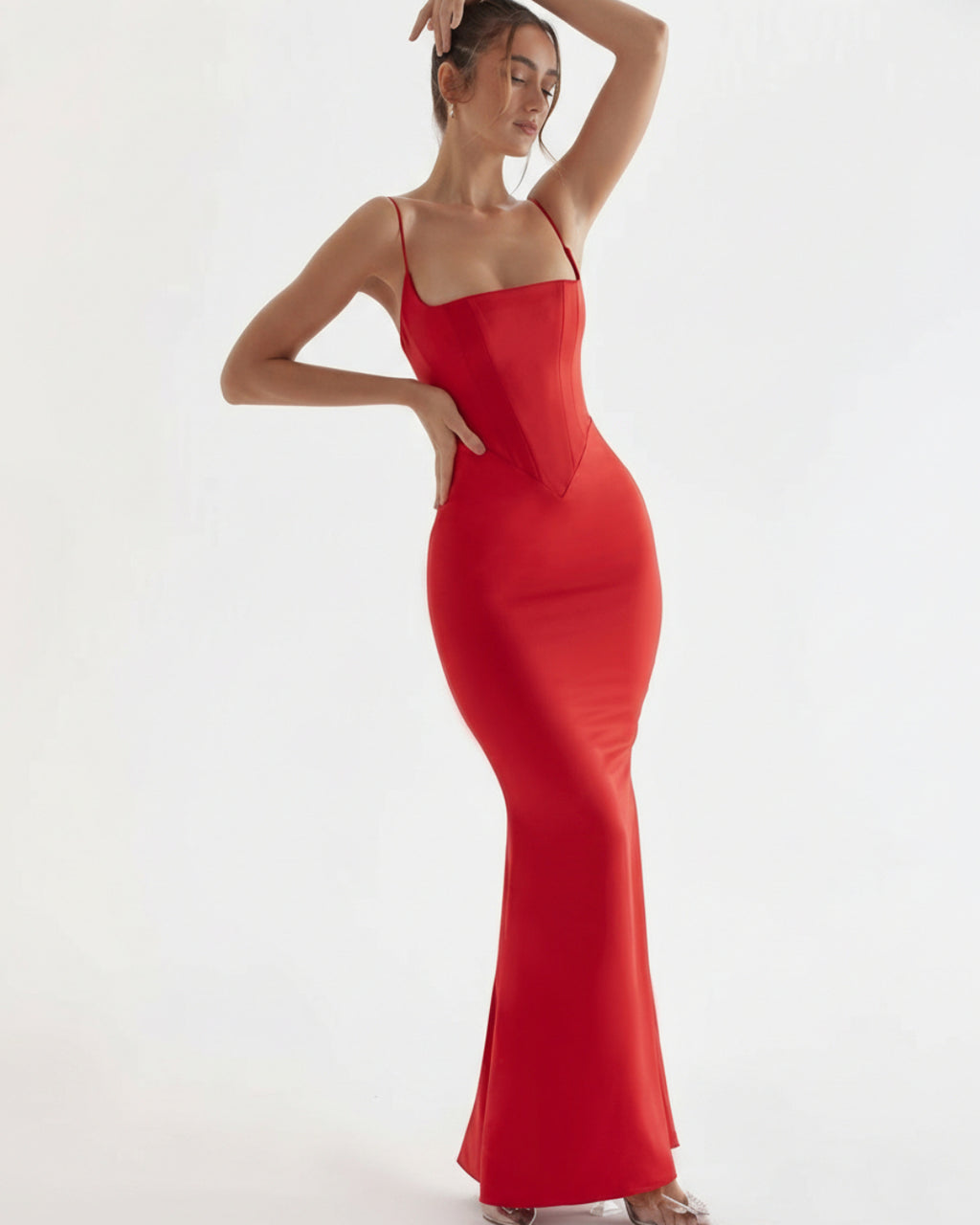 Olivette Satin Maxi Dress in Red, zara corset dress​, corset dress long​