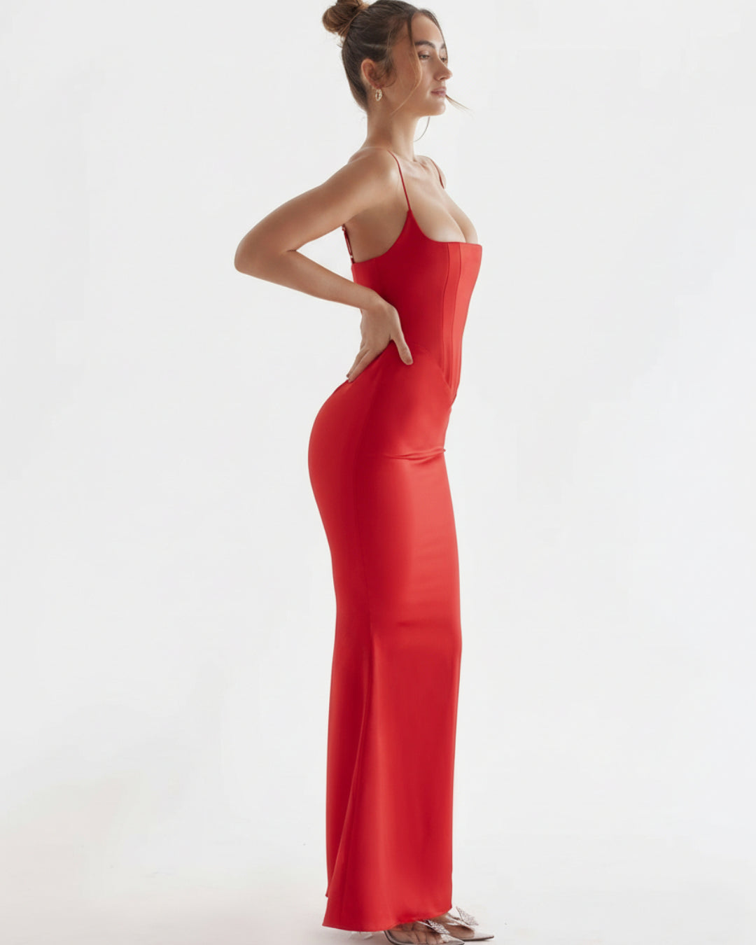 Olivette Satin Maxi Dress in Red, corset prom dress​, corset for prom dress​, red corset dress