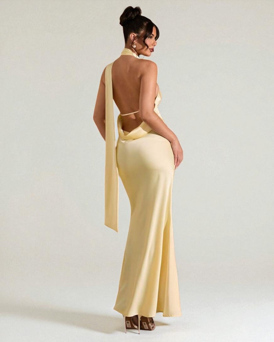 Light Yellow Halter Satin Maxi Dress, dresses for women, dress to impress​, deesse blanche fashion