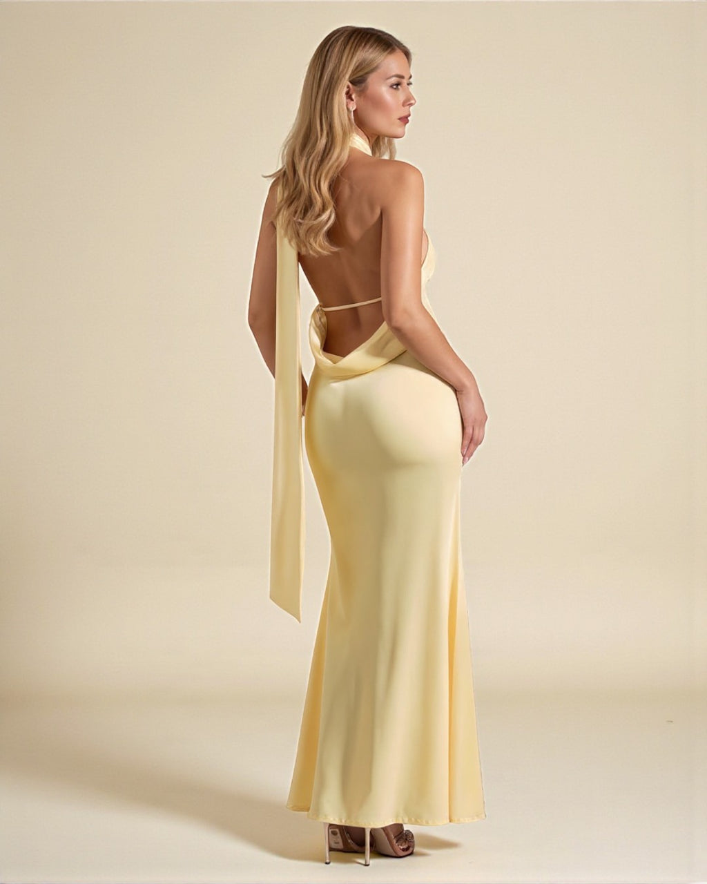 Olivia Halter Satin Maxi Dress - Light Yellow
