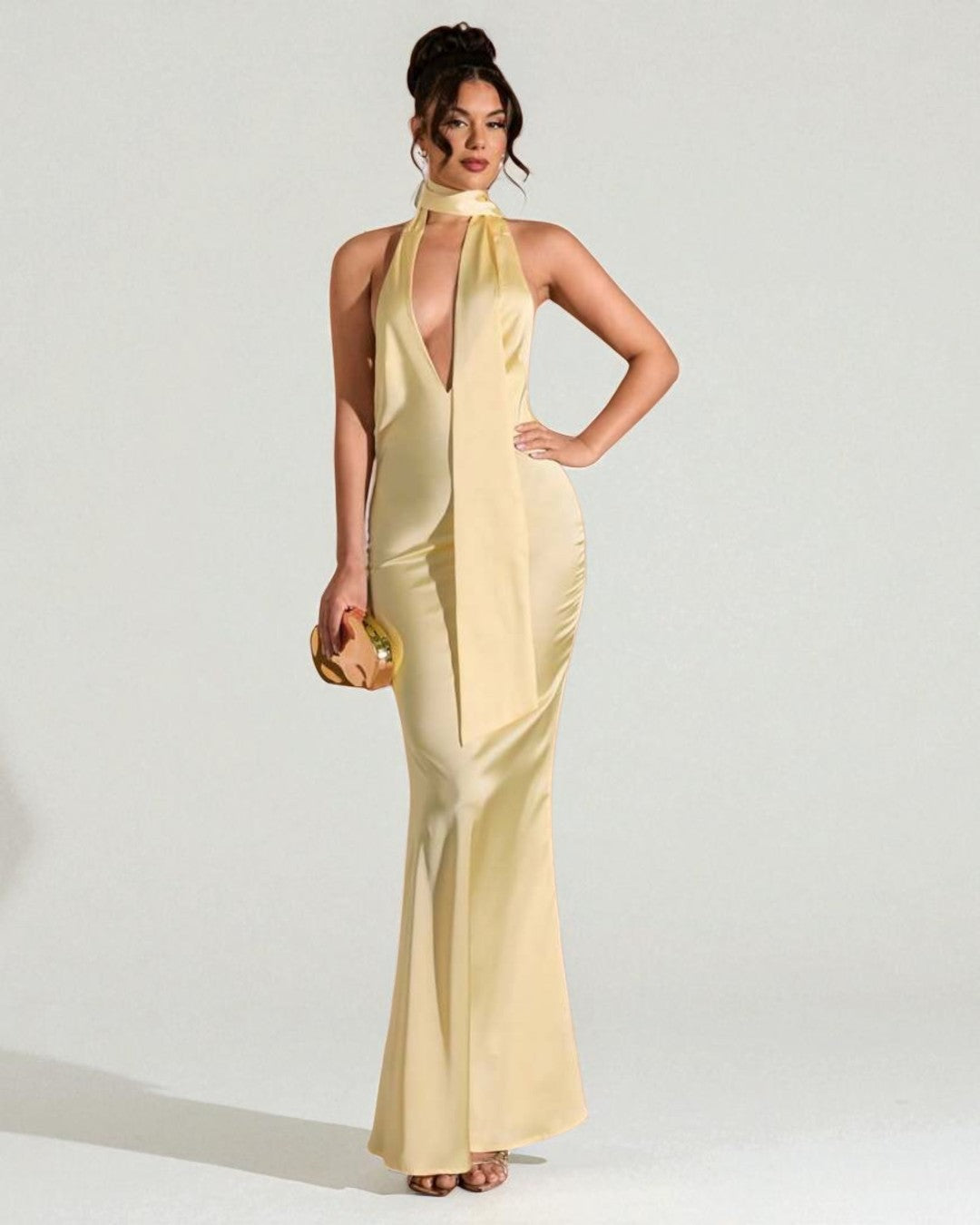 Light Yellow Halter Satin Maxi Dress, dresses for women, dress to impress​, deesse blanche fashion