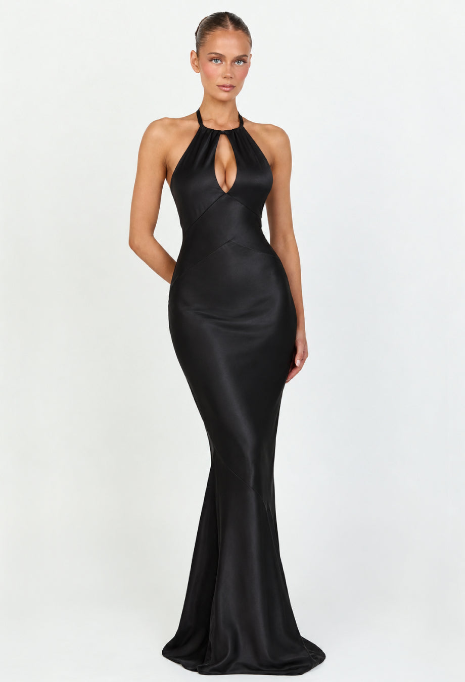 Oliviana Black Satin Halter-Neck Maxi Dress, Mermaid Evening Gown, mermaid dress evening gown​