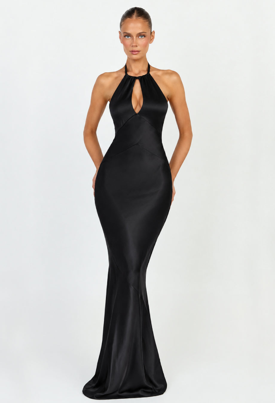 Oliviana Black Satin Halter-Neck Maxi Dress, Mermaid Evening Gown, mermaid dress evening gown​