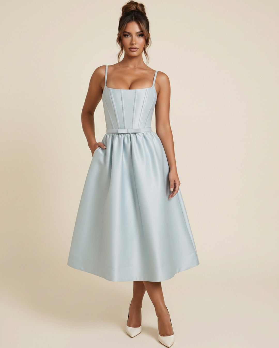 Contessa Light Blue Midi Dress with Hidden Pockets, midi light blue dress​, light blue dress midi​, light blue midi dress formal​
