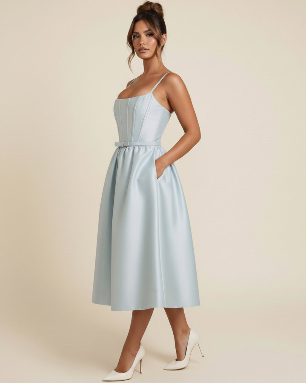 Contessa Light Blue Midi Dress with Hidden Pockets, midi light blue dress​, light blue dress midi​, light blue midi dress formal​