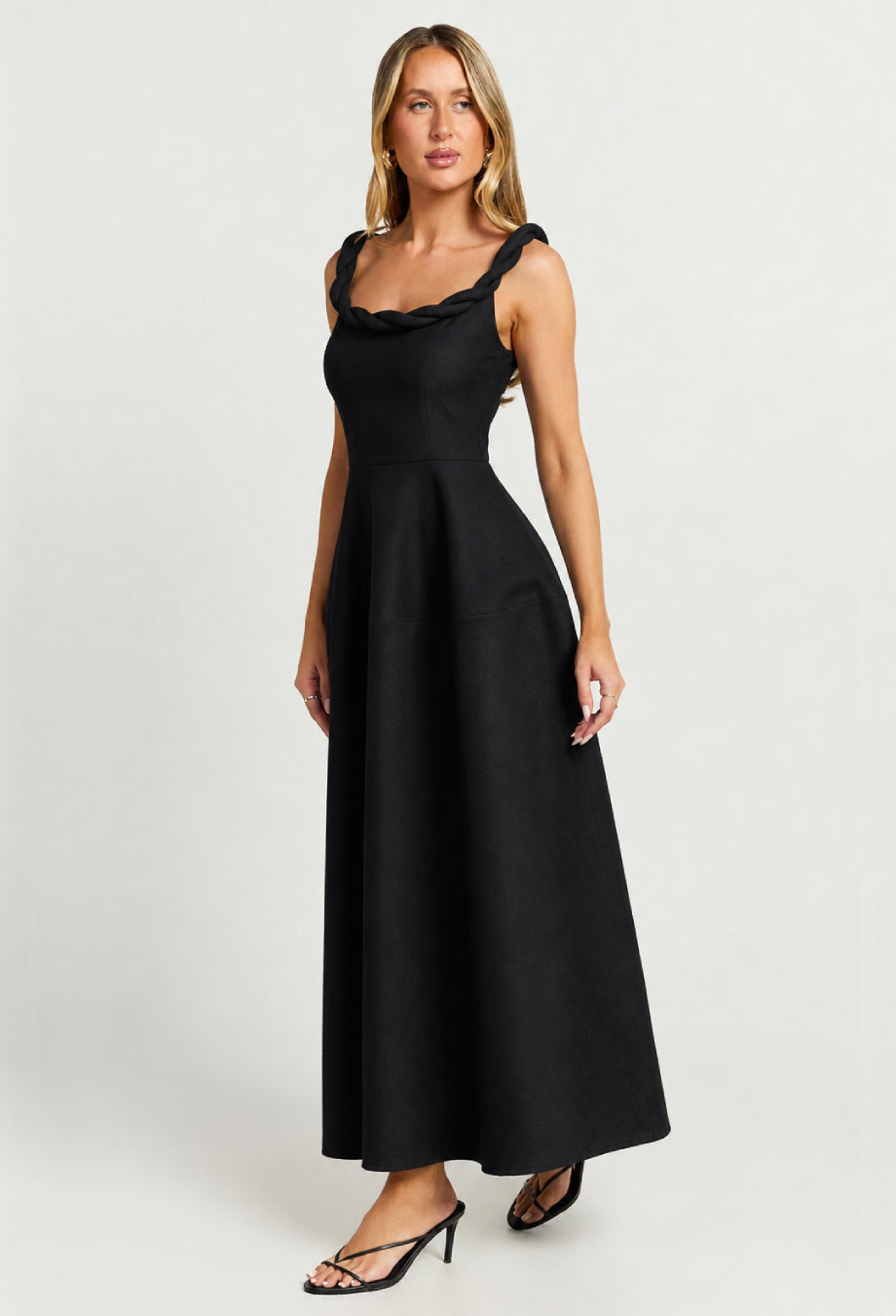 Paloma Black Twist Strap Formal Midi Dress, black formal dress​, black midi dress​