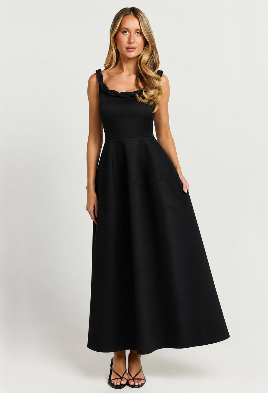 Paloma Black Twist Strap Long Midi Dress, long black dress