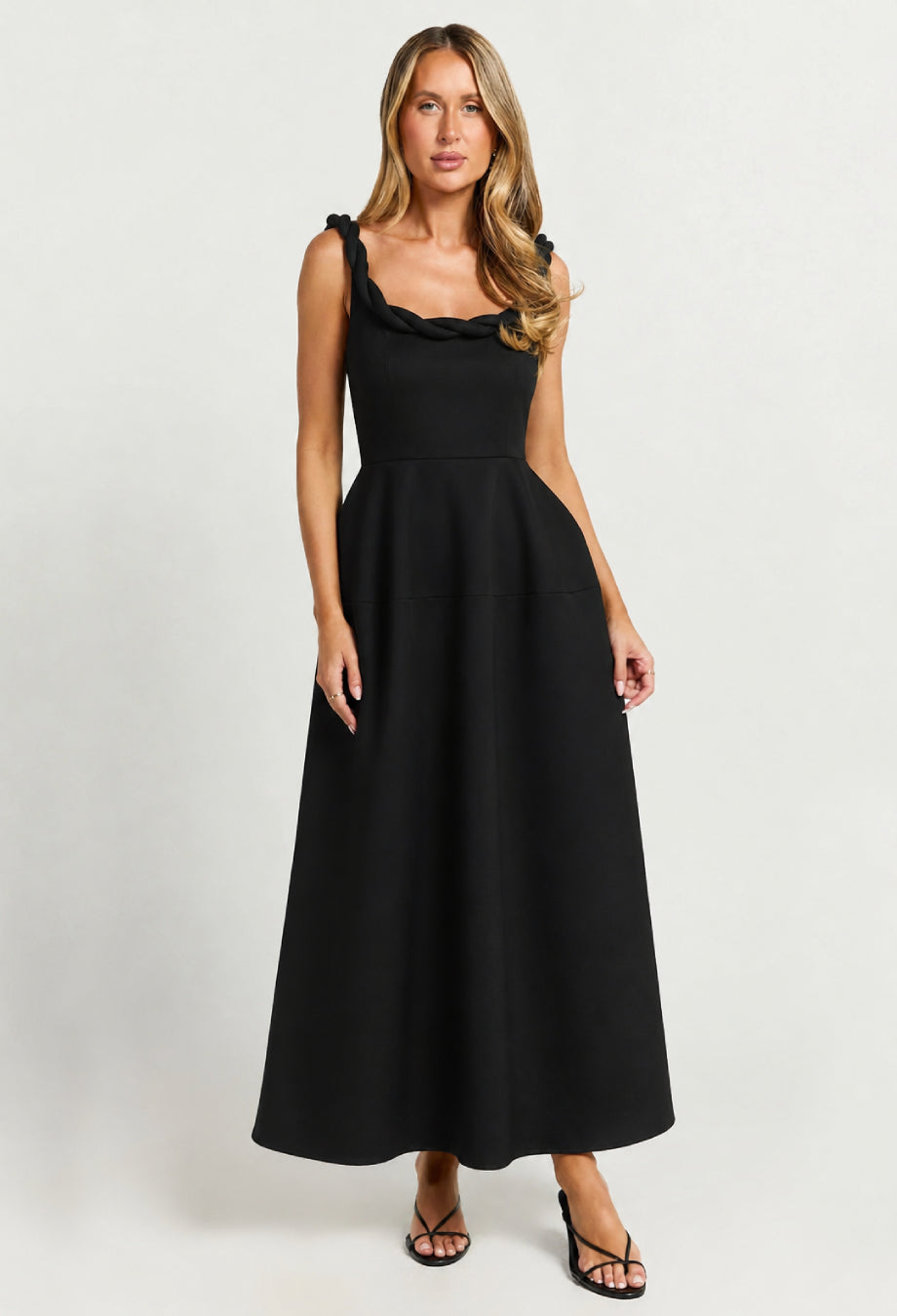 Paloma Black Twist Strap Midi Dress, black cocktail dress