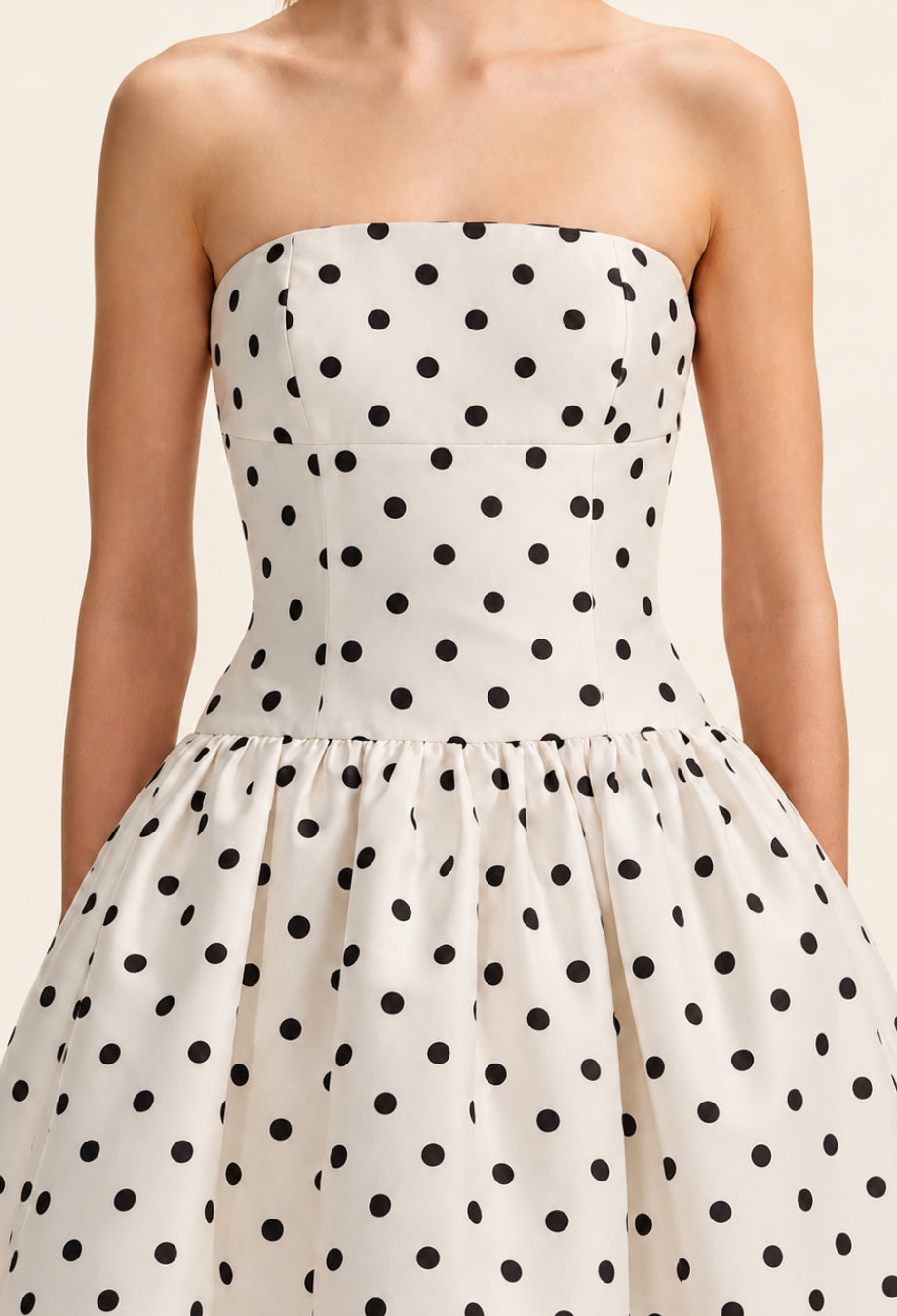 Lucia Strapless Polka Dot Midi Dress, polka dot dress black and white, peppermayo polka dot dress