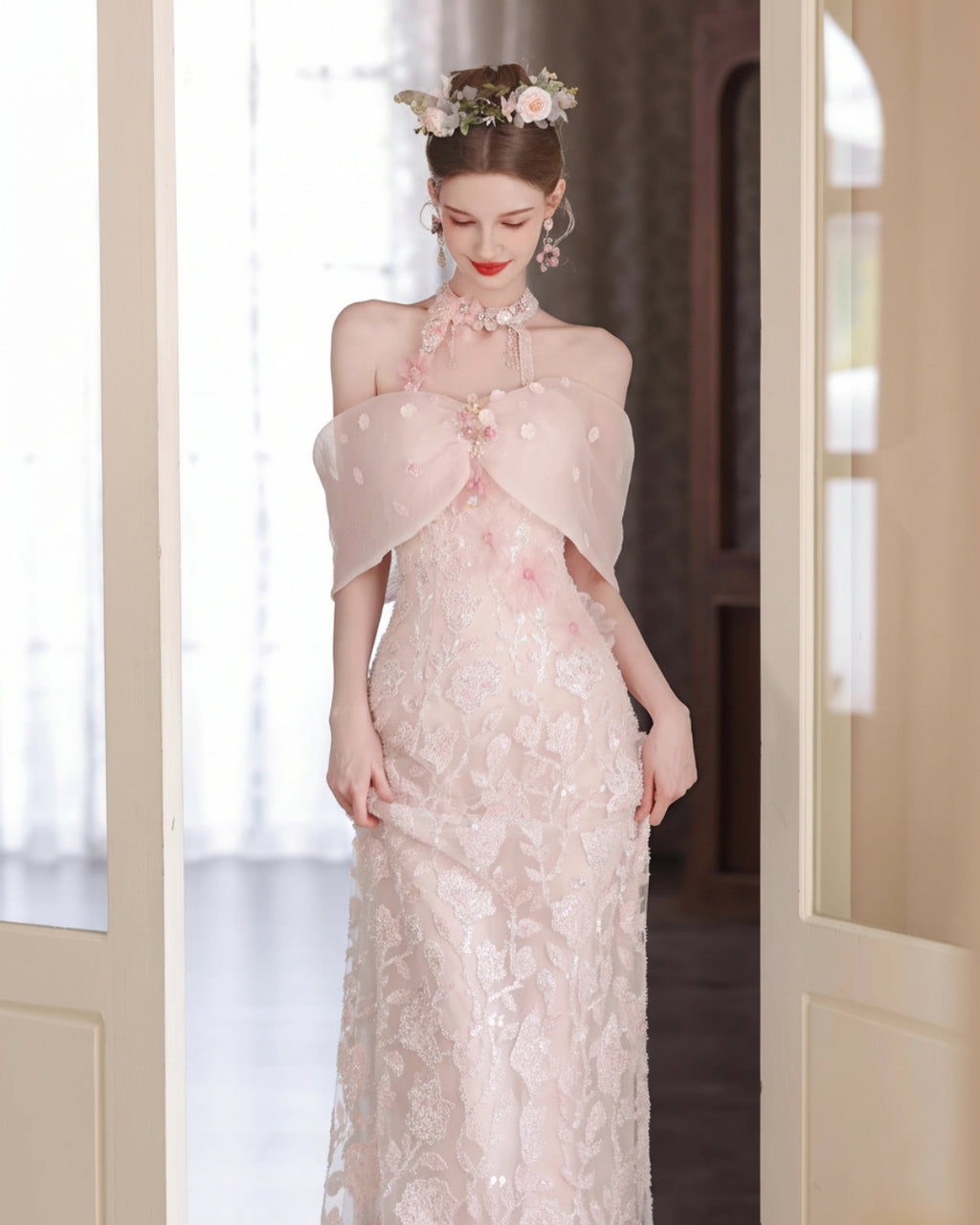 Luxury Blush Pink Wedding Gown, Persephone Maxi Dress, floral wedding gown, off shoulder gown for wedding