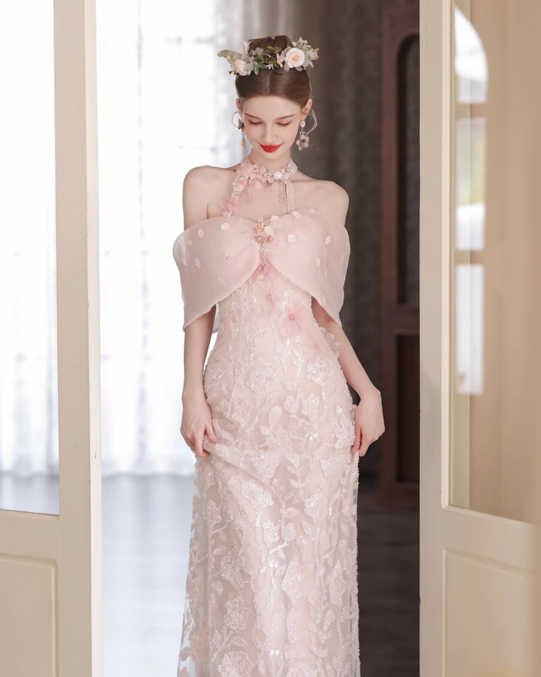 Luxury Blush Pink Wedding Gown, Persephone Maxi Dress, floral wedding gown, off shoulder gown for wedding