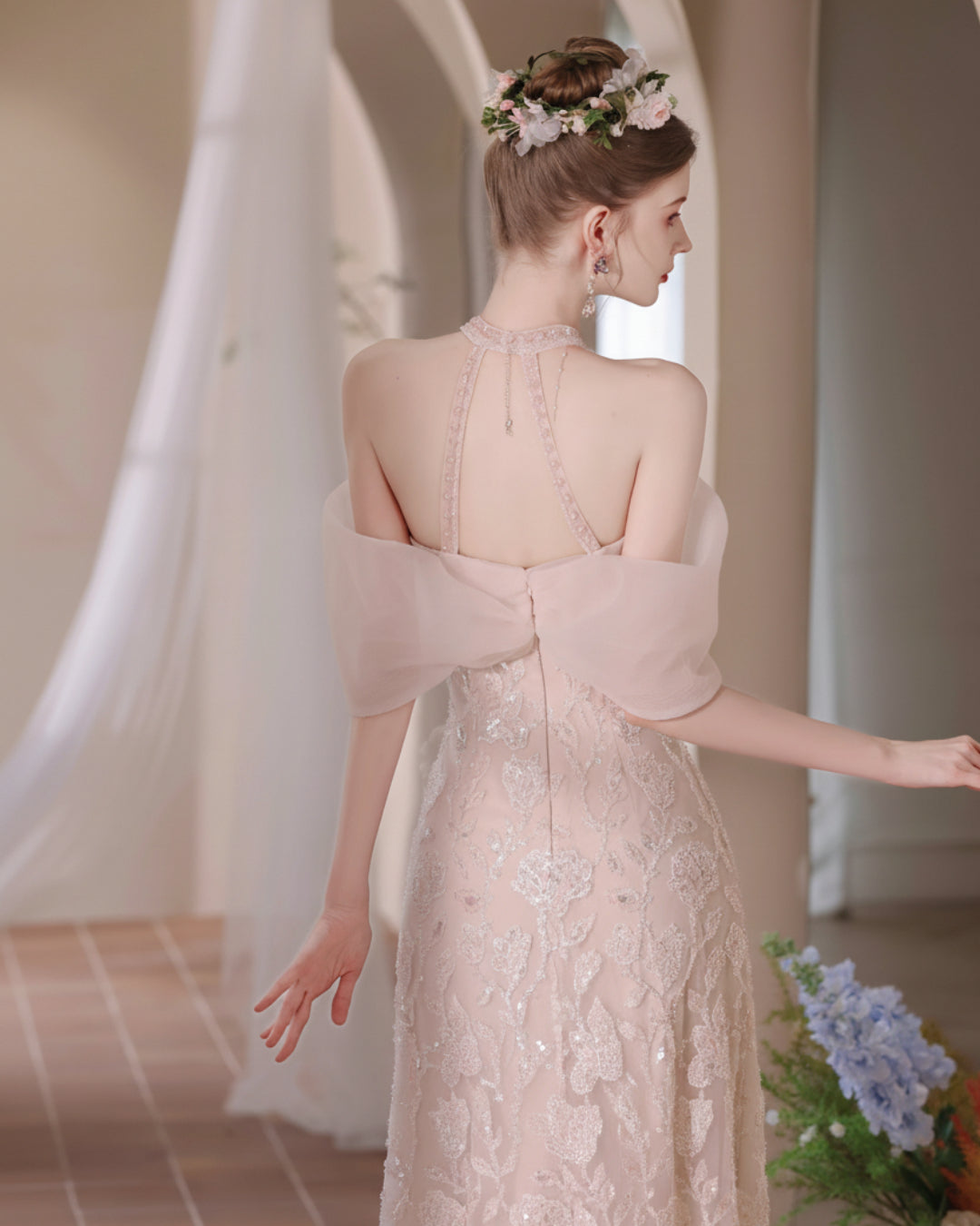 Luxury Blush Pink Wedding Gown, Persephone Maxi Dress, floral wedding gown, off shoulder gown for wedding