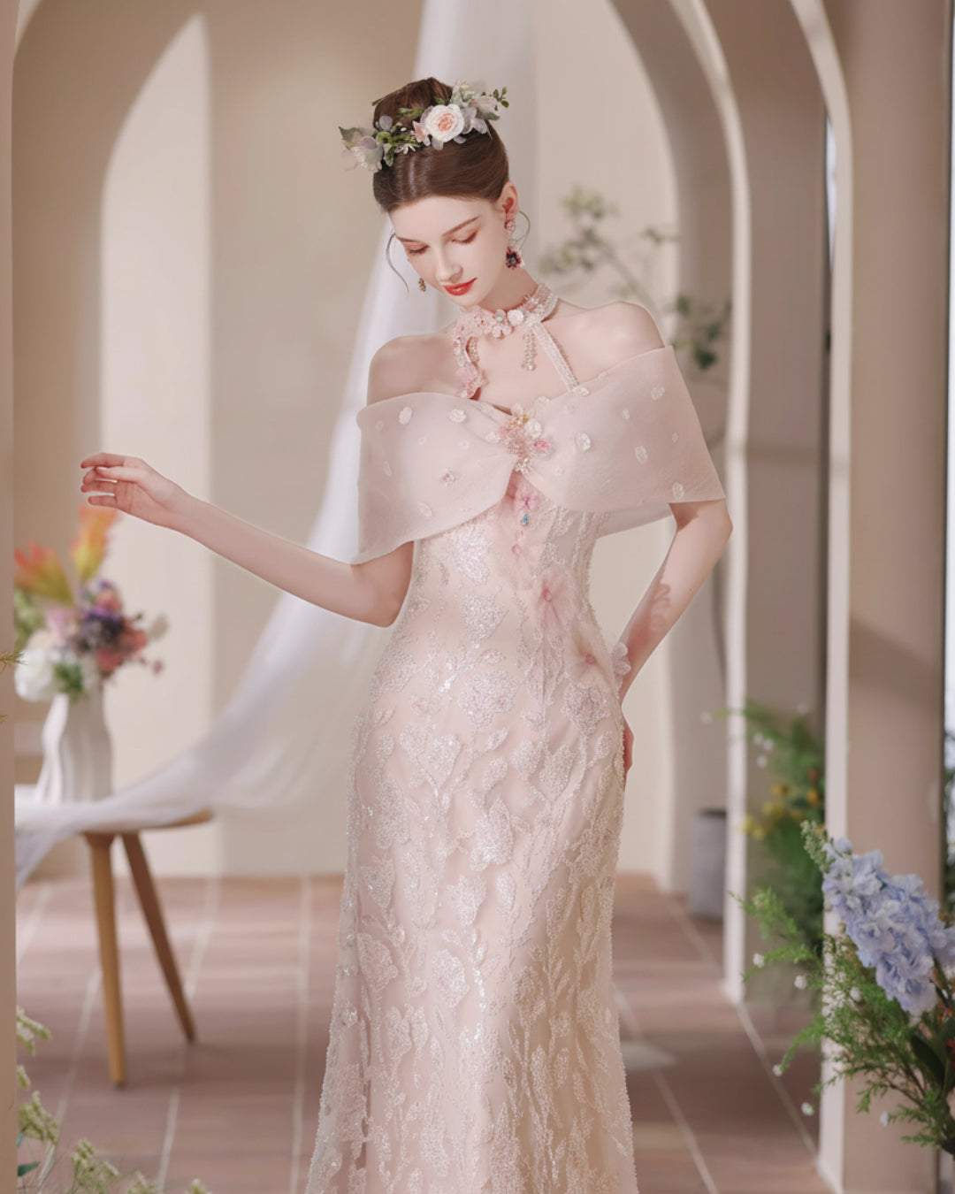 Off-Shoulder Blush Pink Wedding Gown - Persephone Maxi Dress Off-Shoulder Blush Pink Wedding Gown - Persephone Maxi Dress