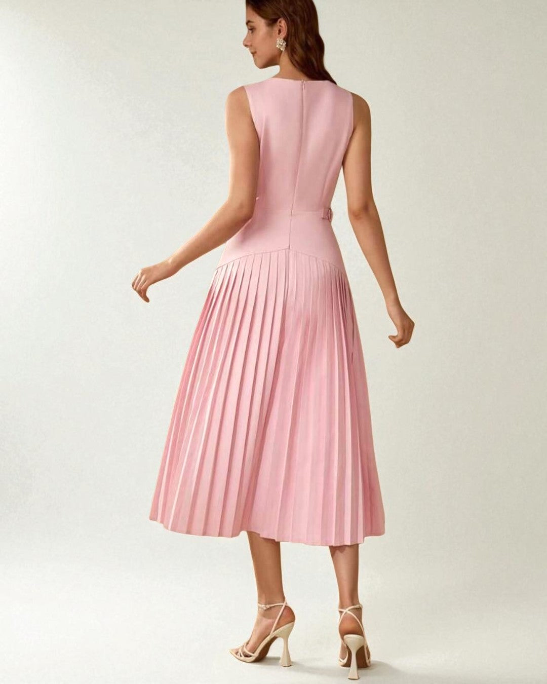 Pink Half-Belted Pleated Dress