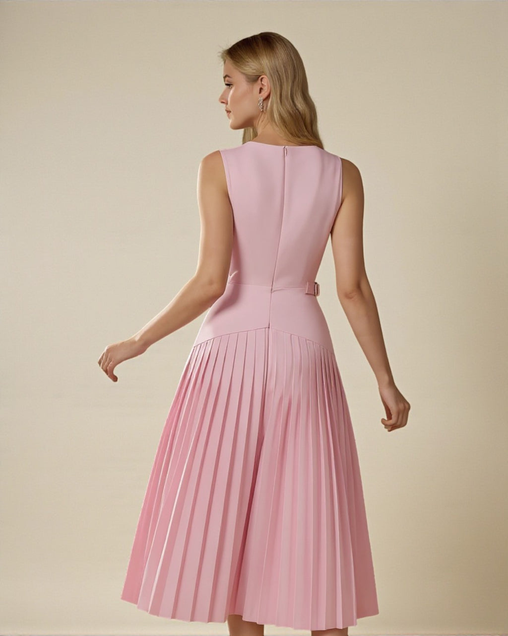 Pink Half-Belted Pleated Dress