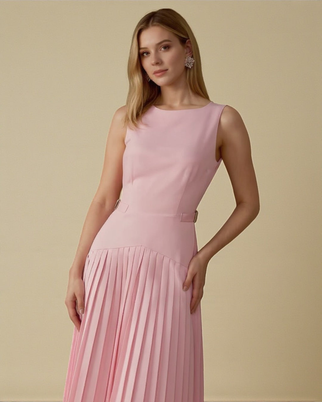 Pink Half-Belted Pleated Dress