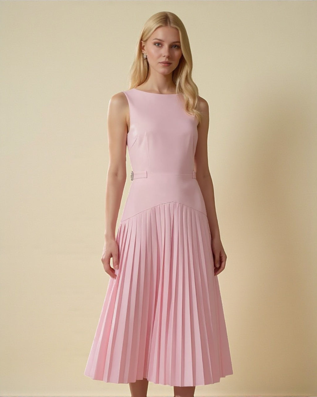 Pink Half-Belted Pleated Dress