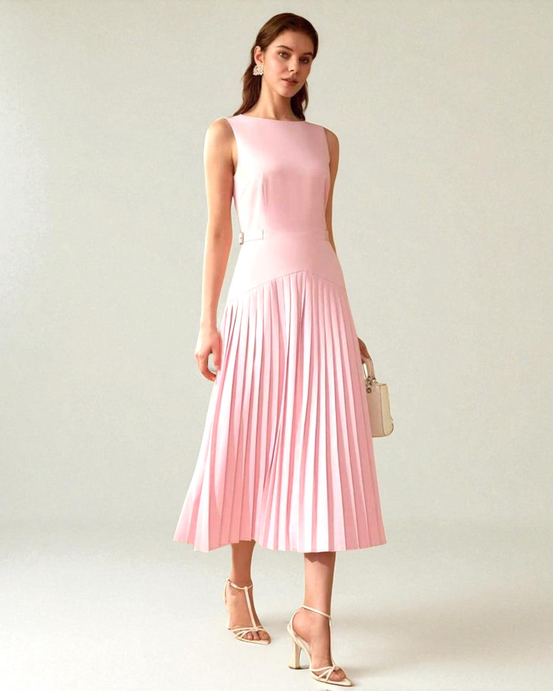 Pink Half-Belted Pleated Dress