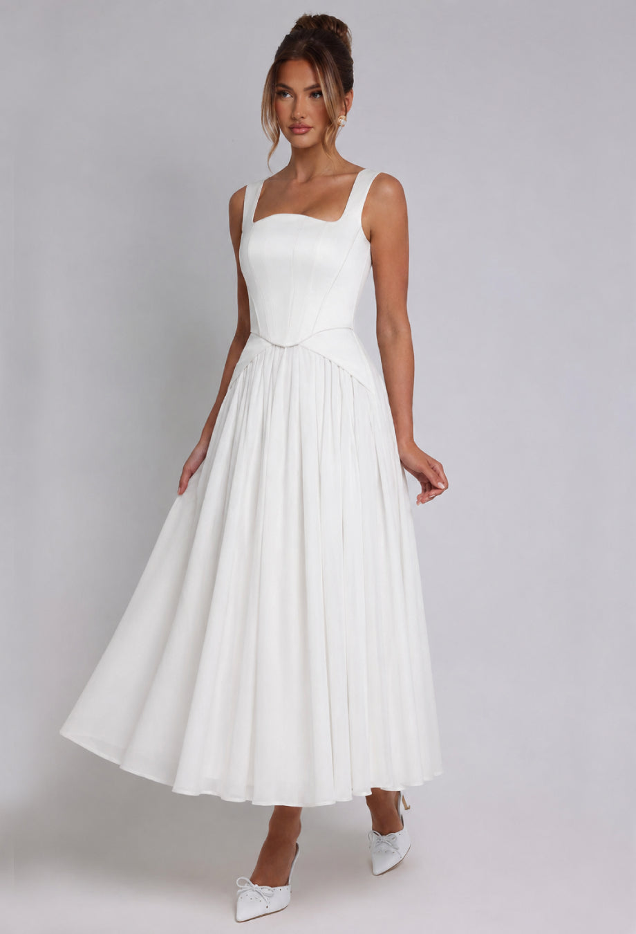 Polina White Corset Maxi Dress, white cocktail dress, white bridal shower dress