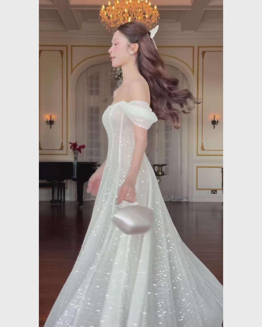 Felicity White Off-the-Shoulder Sparkly Midi Dress, sparkly dress ladies​, sparkly white dress​, sparkly prom dress