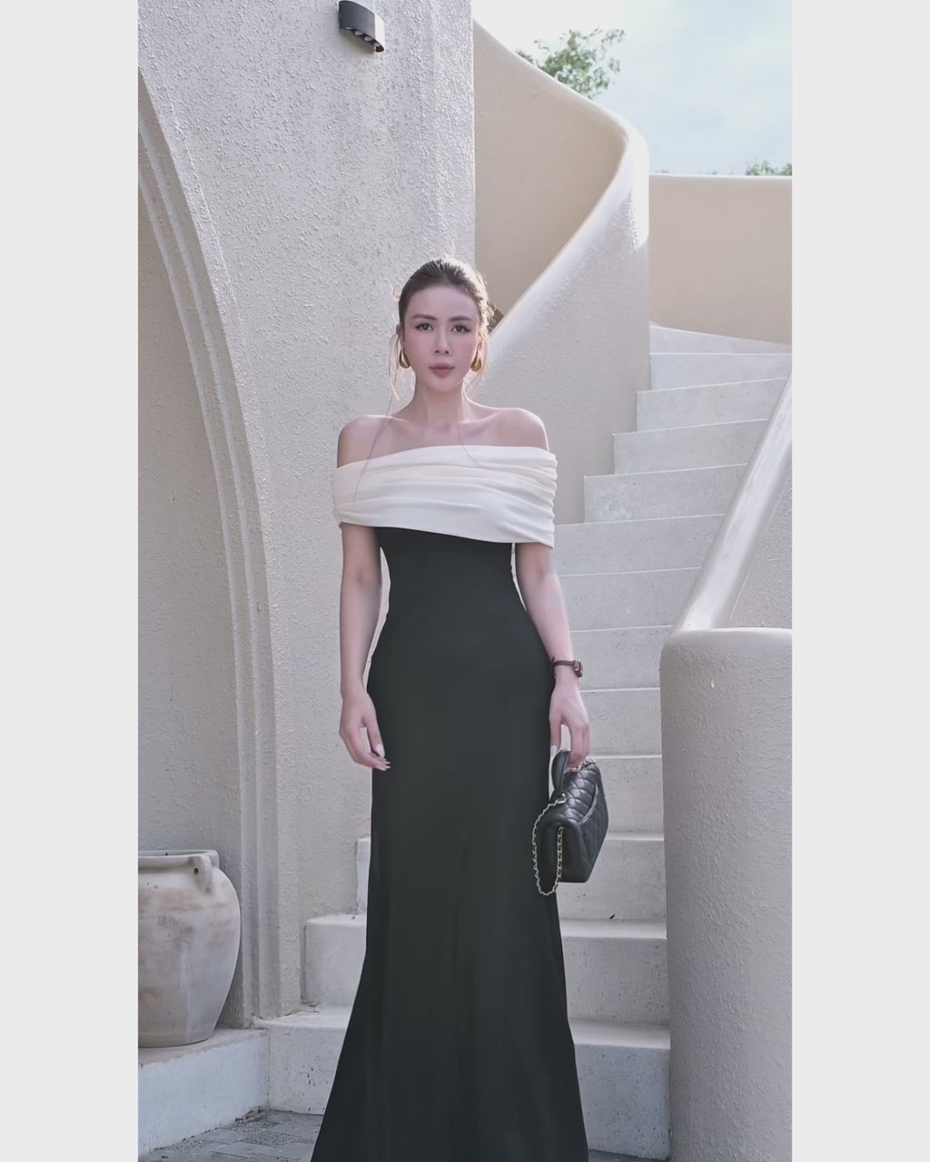 Arlena Off-the-Shoulder Black and White Maxi Dress, off the shoulder maxi dress​, off to shoulder dress, off shoulder dress in black​